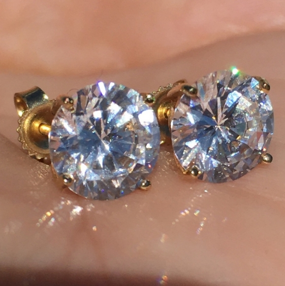 14k Solid Yellow Gold Round Solitaire Diamond Earrings - Picture 2 of 4